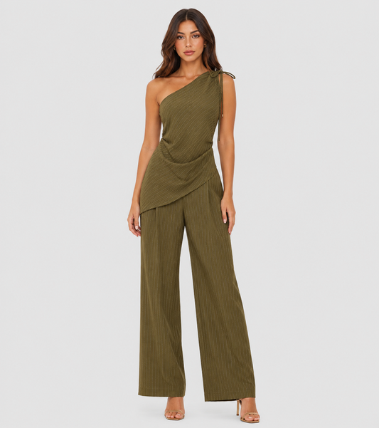 One-Shoulder Draped Top & Wide-Leg Pants
