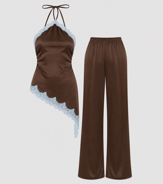 Contrast Lace Trim Satin Halter
