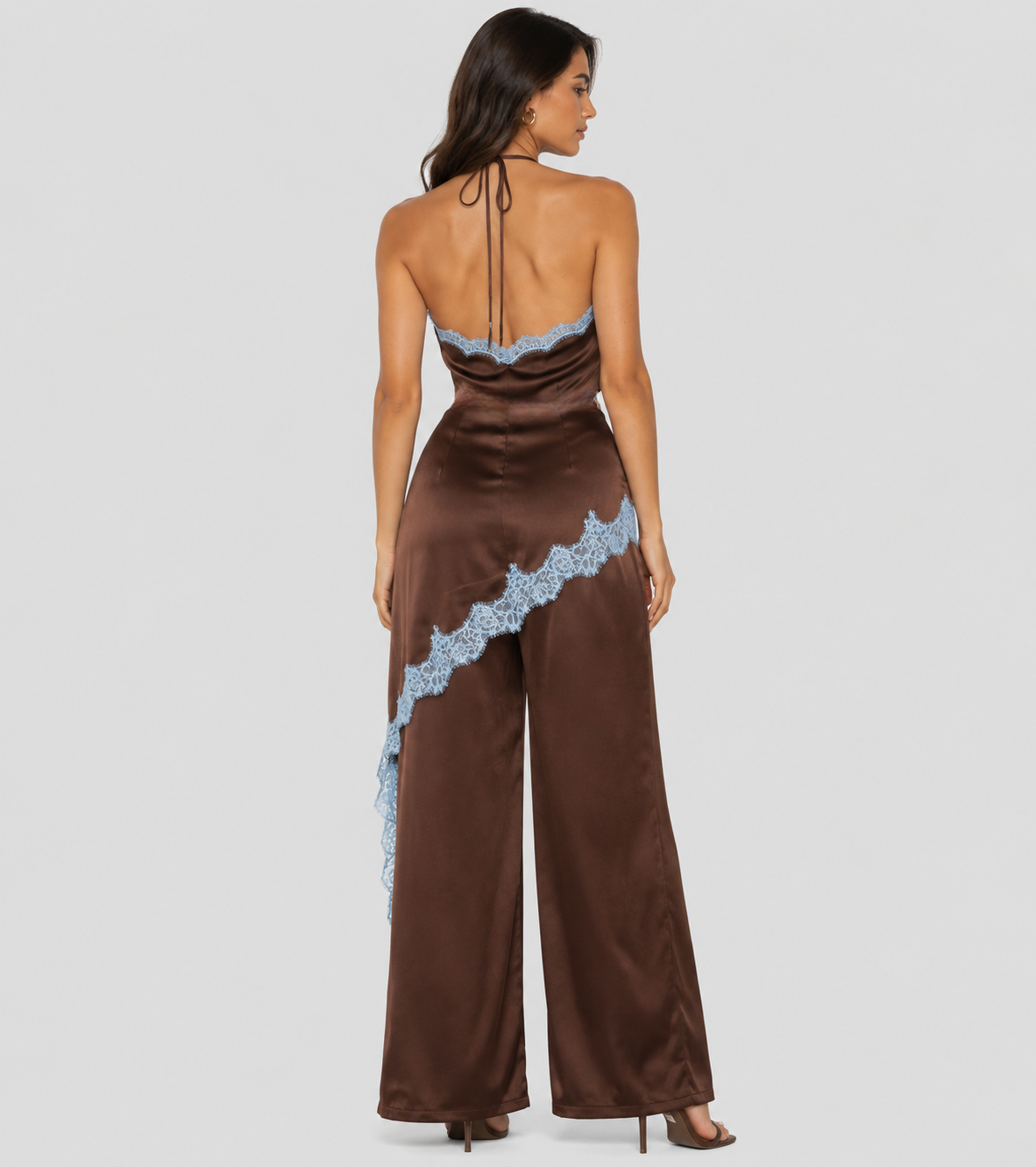 Contrast Lace Trim Satin Halter