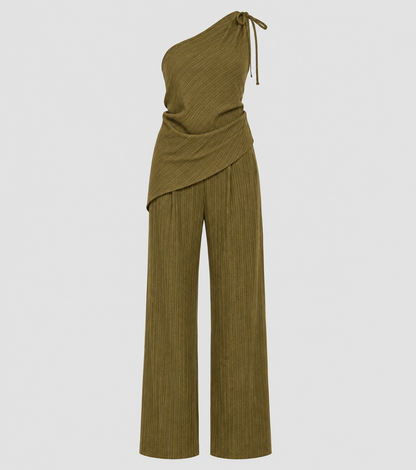 One-Shoulder Draped Top & Wide-Leg Pants