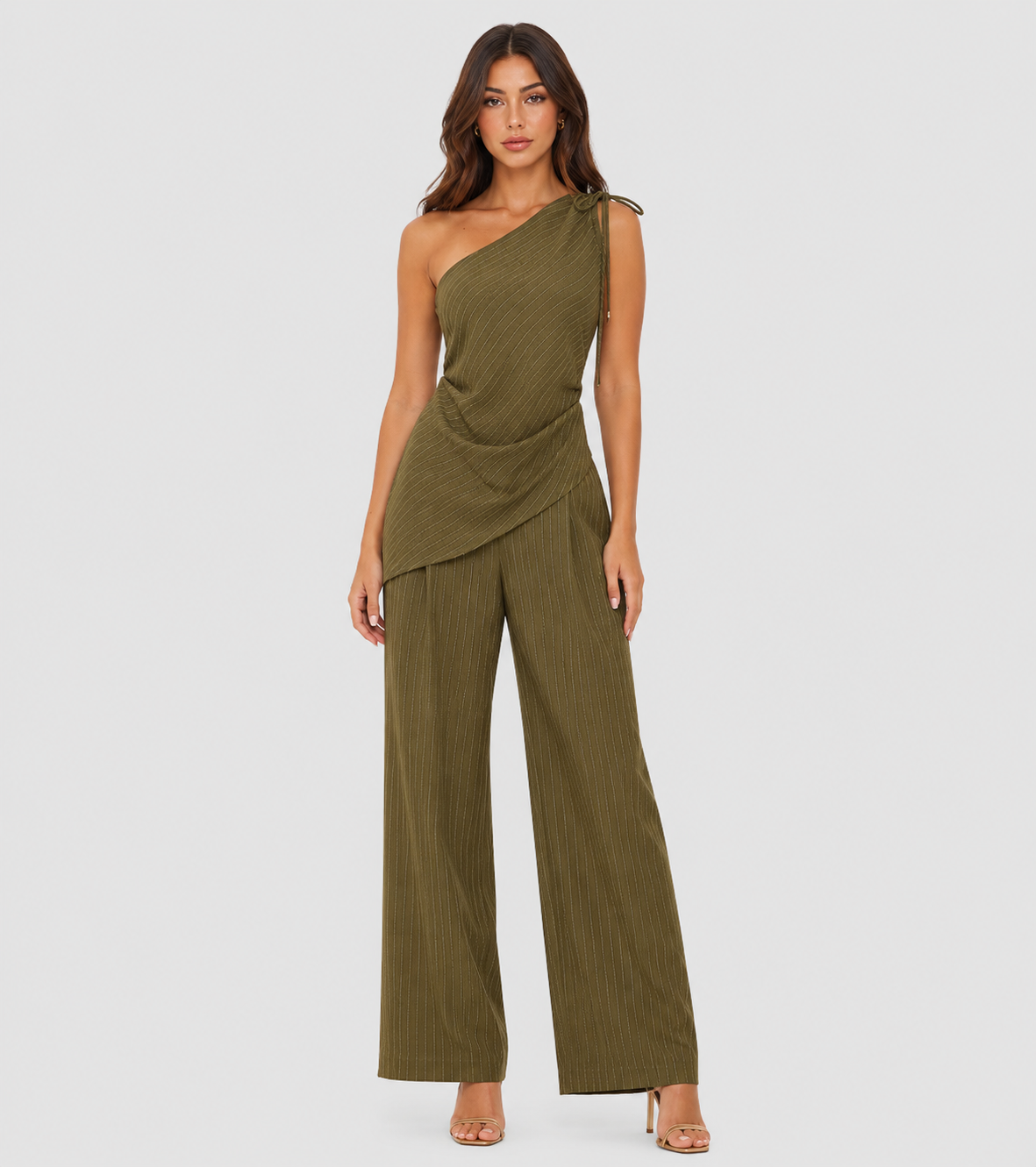 One-Shoulder Draped Top & Wide-Leg Pants