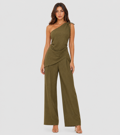 One-Shoulder Draped Top & Wide-Leg Pants