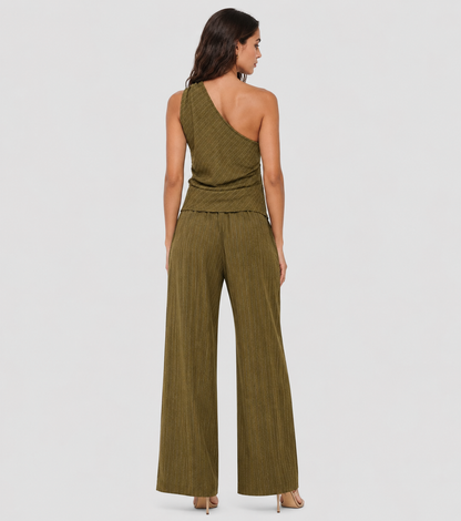 One-Shoulder Draped Top & Wide-Leg Pants