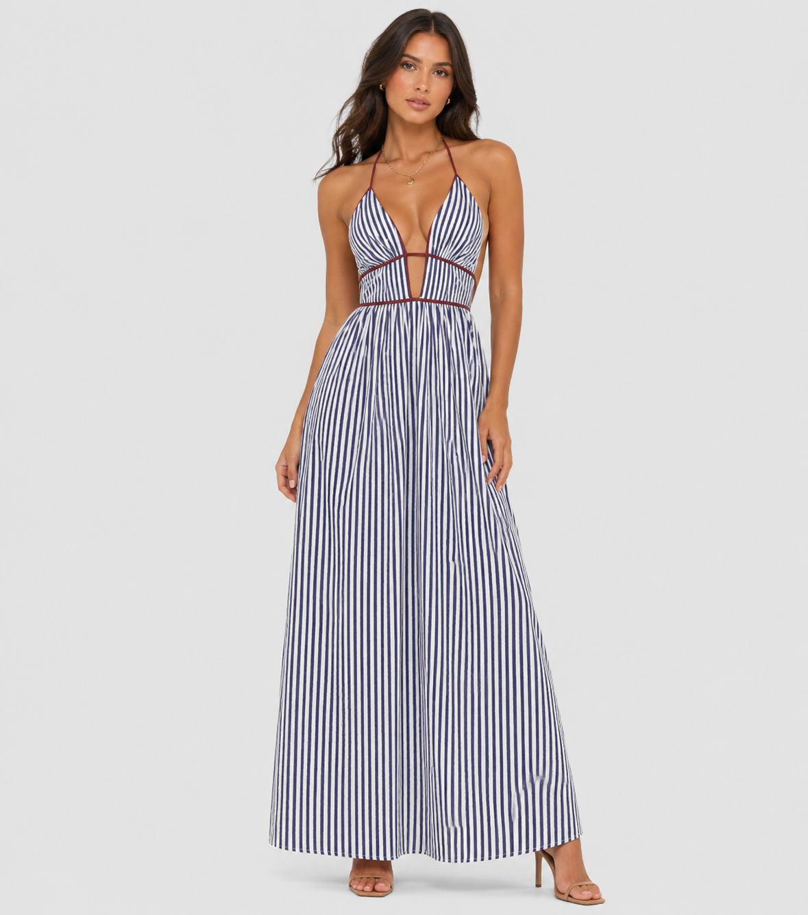 Striped Halter Backless Maxi Dress